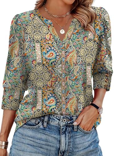 Intricate paisley swirls meet a soft stretch blend in this three-quarter sleeve top, finished with triple-button cuffs.