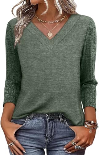 A soft green pullover with three-quarter sleeves and a clean V-neckline designed for breezy transitional days.