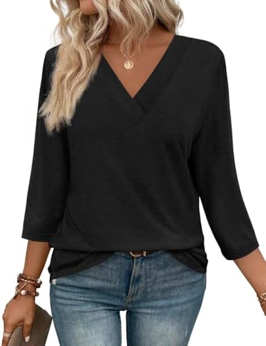 Deep black fabric meets a neat V-neckline in this stretchy 3/4-sleeve top designed for workdays and weekend errands.