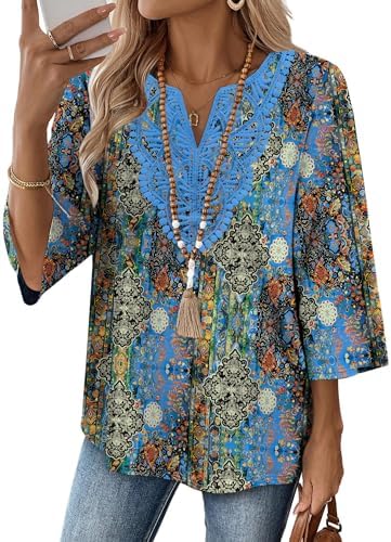 Lace detailing and an intricate Vintage Boho motif define this breezy three-quarter sleeve top cut with a relaxed curved hem.