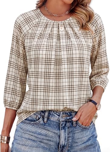 A soft beige plaid pattern covers this lightweight blouse, finished with front pleats and three-quarter puff sleeves.