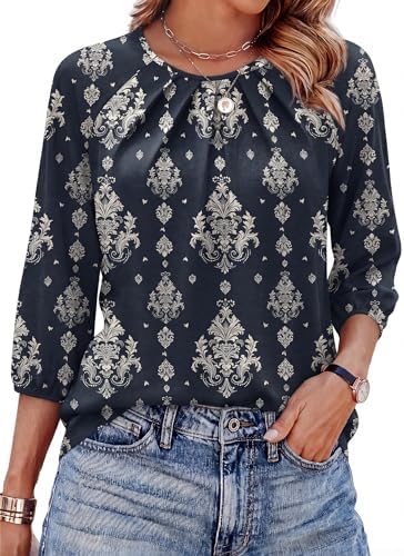 A soft floral print grounds this pleated blouse, cut with raglan three-quarter sleeves and a curved hem for easy daily wear.