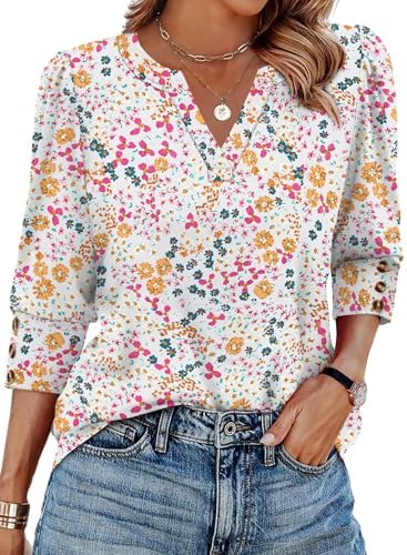 Bright orange floral blooms cover this light three-quarter sleeve blouse, cut with a clean V-neck and neat button cuffs.