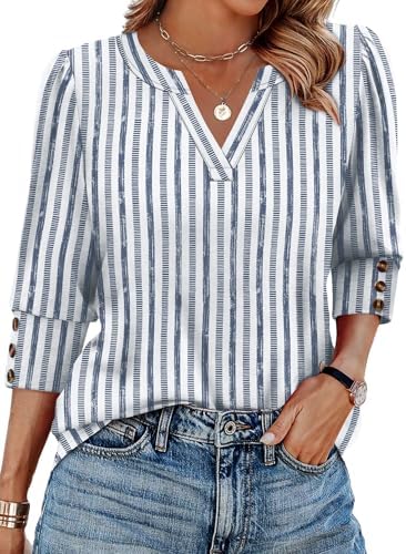 Crisp blue stripes meet a neat V-neck and three-quarter sleeves finished with triple-button cuffs for office days and weekends.