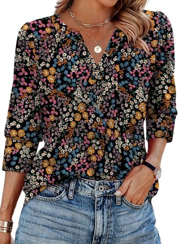 Dainty botanicals across a soft stretch knit give this button-cuff blouse a crisp look for warm classroom or office days.