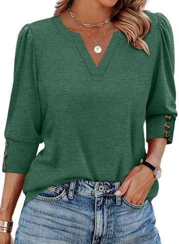 A rich green three-quarter sleeve blouse cut with subtle puff shoulders and triple-button cuffs for workdays and weekends.