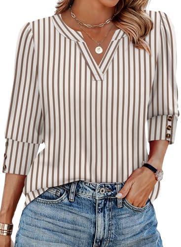 Fine coffee and cream stripes run across this light three-quarter sleeve top, finished with tailored cuffs and a neat V-neck.