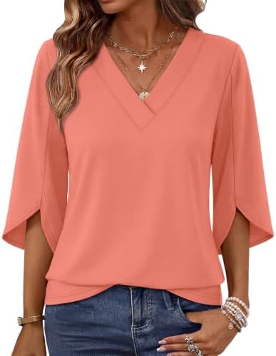 Cut in a warm coral tone, this lightweight top features a tidy V-neck and split three-quarter sleeves for warm summer days.