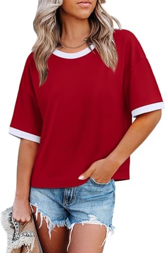 A bright red striped knit with contrasting neck and hem bands, cut loose with drop shoulders and easy elbow-length sleeves.