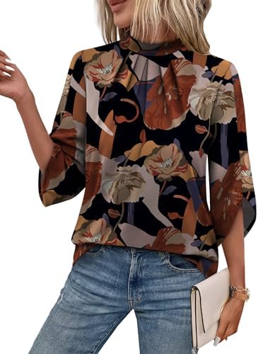 A lively floral print pairs with tulip-shaped petal sleeves and neat neckline pleats on this soft, stretchy blouse.