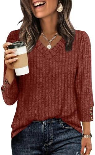 Caramel tones bring rich warmth to this soft chenille-feel knit, cut with three-quarter sleeves and an open V-neckline.