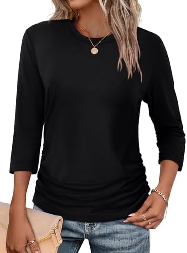 Gathered side seams and three-quarter sleeves shape this soft crewneck top, finished with a gentle curved hemline.