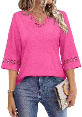 Bright hot pink knit brings bold color to this breezy top, finished with soft eyelet lace along the three-quarter sleeves.