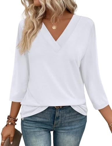 Crisp bright white fabric pairs with a classic V neckline and practical three-quarter sleeves for clean summer styling.