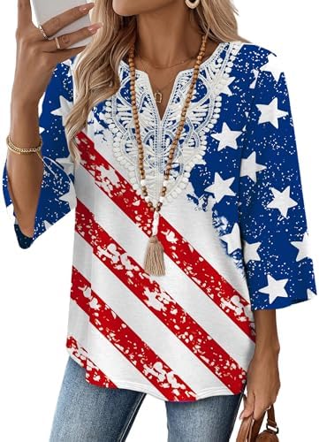 Bold stars and stripes meet delicate front lace on this three-quarter sleeve top cut for holiday cookouts and travel.