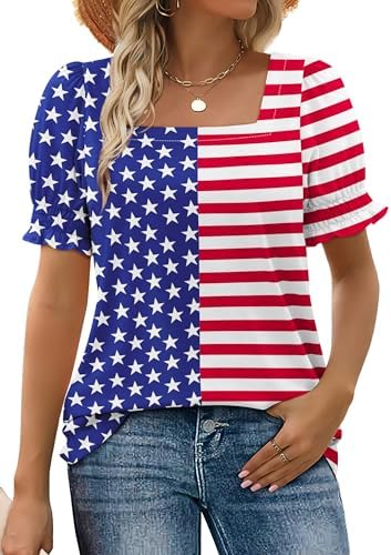 A red, white, and blue flag print tops off this lightweight summer shirt, finished with breezy ruffle sleeves and an open square neck.