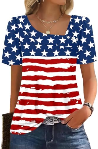 Crisp stars and red stripes bring bold patriotic energy to this soft knit summer tee with buttoned square-neck styling.