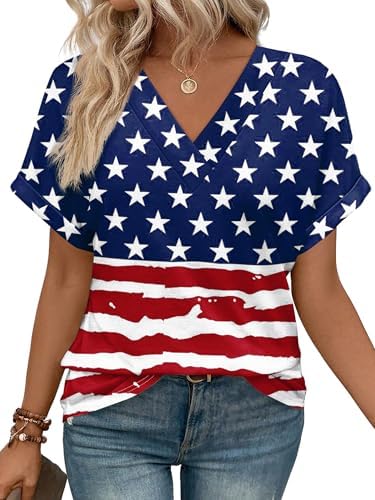A crisp patriotic flag print accents this easy V-neck tee, finished with rolled cuffs and a relaxed cut for warm days.