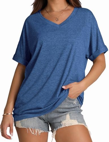 A crisp blue wash and rolled sleeves give this loose v-neck tee a clean look with white denim or summer shorts.