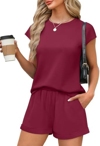 Dyed in a rich wine shade, this two-piece short set pairs a ribbed-neck cap sleeve top with pull-on shorts.