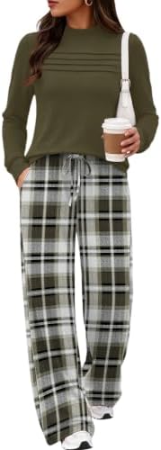 Crisp green plaid wide-leg pants pair with a solid mock neck top for an easy two-piece travel set.