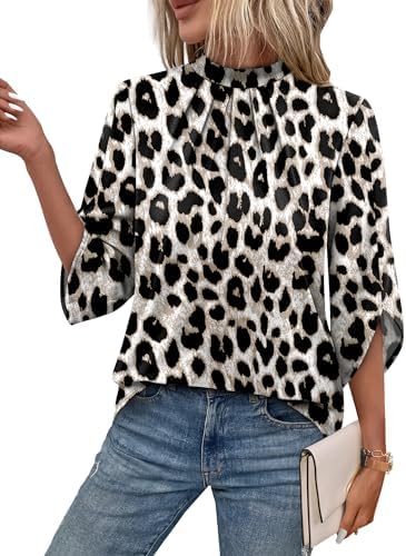A crisp leopard print brings sharp contrast to this mock-neck blouse cut with fluid three-quarter petal sleeves.