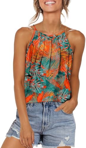 Spaghetti straps and a tropical floral motif give this airy halter tank an easygoing feel for warm afternoons.