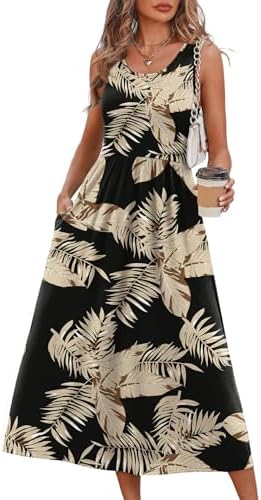 Tropical foliage in muted beige across a black ground gives this sleeveless midi a grounded feel for warm days.