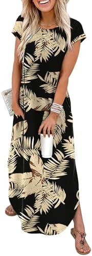 Bold tropical palm leaves across deep black ground make this easy crewneck maxi ready for warm vacations and sunlit afternoons.