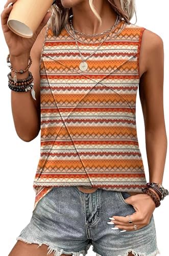 Crisp graphic lines across warm orange give this lightweight sleeveless crew neck an energetic look for sunny days outdoors.