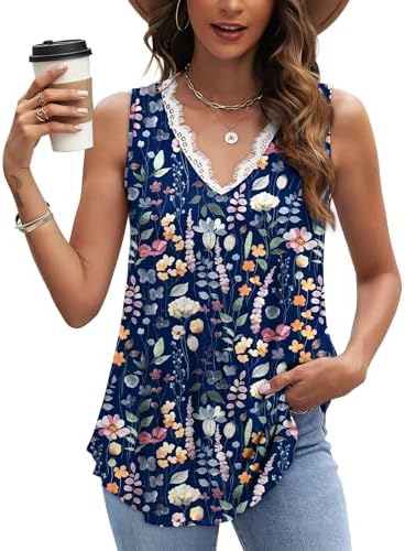 Soft navy blue floral tank with delicate lace framing the V-neckline and a sweeping curved hem for breezy warm-weather wear.