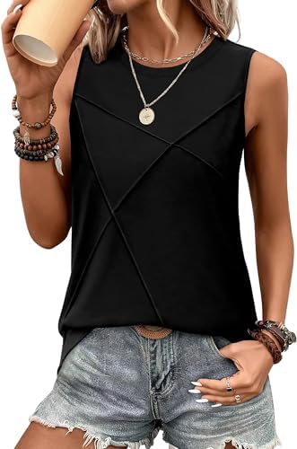 Textured front seams and a deep black knit make this loose crew neck tank an easy layer for warm days and travel bags.