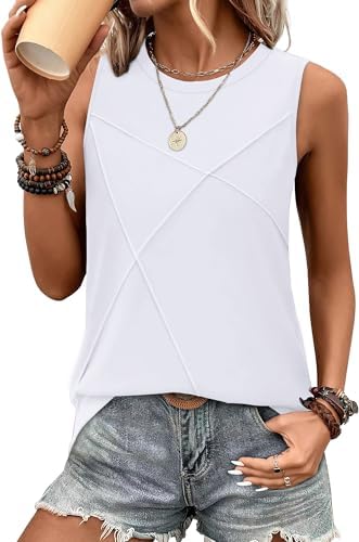 Textured front seams and a bright white shade give this loose sleeveless top a crisp look for warm beach days.