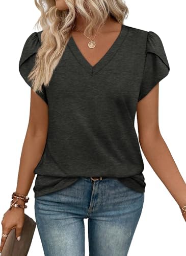 Tulip sleeves and an open v-neck give this deep grey tee a relaxed, breezy drape suited for warm getaways.