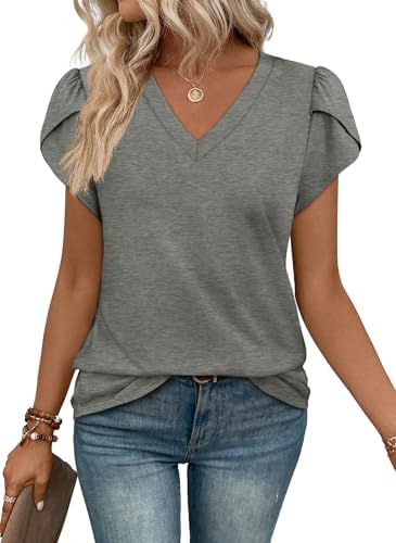 Soft grey jersey pairs with light denim or black leggings, cut with overlapping tulip sleeves and an easy V-neck.