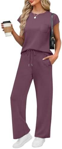 Airy spacer knit gives this rich dark purple set a fluid drape, combining cap sleeves with easy wide-leg pants.