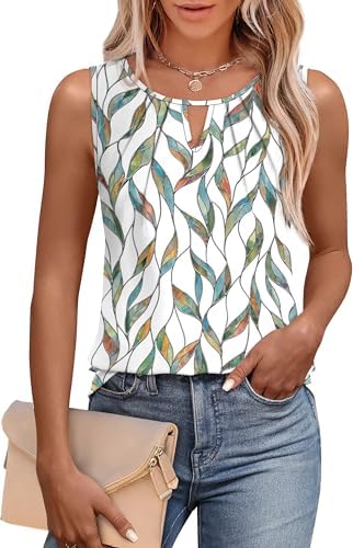 Tropical green foliage stands out across this airy sleeveless tunic, detailed with a front keyhole neckline and soft chest pleats.