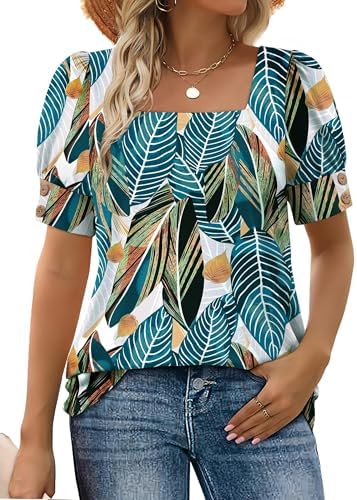 A square neckline and buttoned puff sleeves bring a crisp, breezy look to this botanical palm leaf summer top.