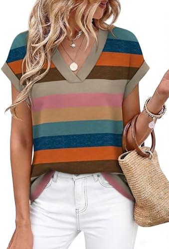 Bright bands of color run across this breezy v-neck tee, cut in a soft crepe texture that keeps warm afternoons light.