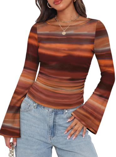 Swirling earth tones meet a wide boat neck and flared cuffs in this ribbed long sleeve knit.