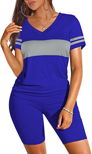 A cool blue two-piece set featuring our soft stretch tee and matching high waist biker shorts for warm mornings.