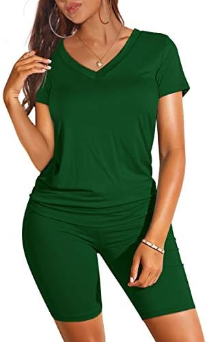 Fresh green stretch knit pairs a classic V-neck tee with high waist biker shorts for easy morning workouts and weekend lounging.