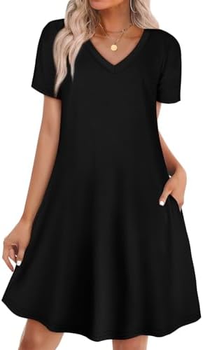 A breezy black t-shirt dress cut with an easy A-line shape, deep side pockets, and a neat V-neckline.