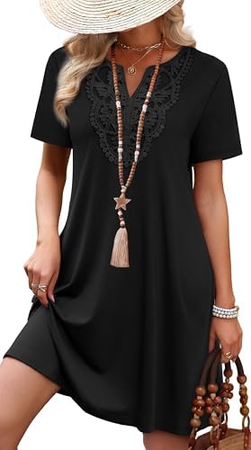 Lace along the V-neckline gives this soft black t-shirt dress a neat touch of texture for warm afternoons.