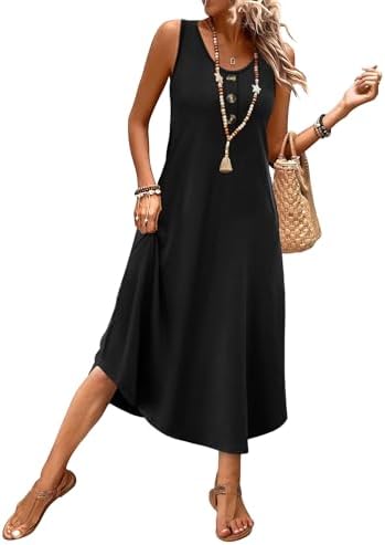 A deep solid black knit shapes this sleeveless midi dress, finished with side pockets and a breezy relaxed drape.