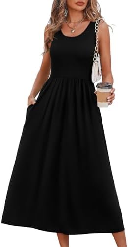 Deep solid black dye grounds this breezy sleeveless midi dress, cut with a clean scoop neck and an airy, pleated A-line skirt.