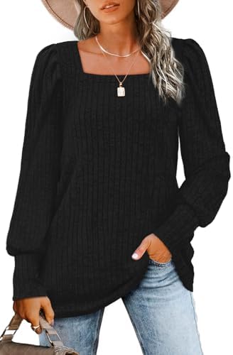 A crisp square neckline and gentle puff sleeves frame this lightweight black knit for cool evenings.