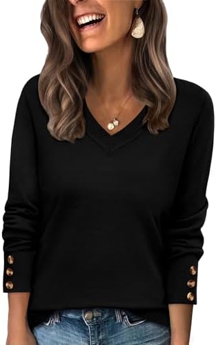 A deep black knit sweater cut with an open V-neck and three small buttons sitting along each wrist cuff.