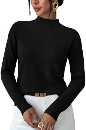 A soft black mock neck sweater cut from breathable knit fabric that layers smoothly under blazers or wears solo with denim.