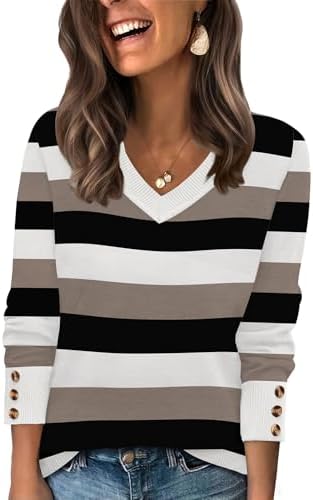 Three decorative buttons trim each cuff on this wide V-neck pullover, knit in a graphic Color Block Black 03 pattern.